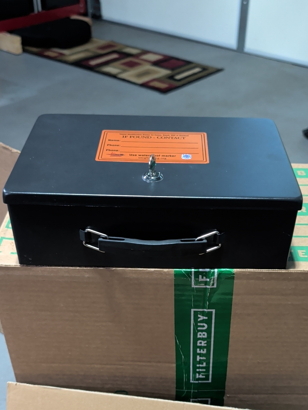 Black Metal Locking Cash Box with Orange ID Sticker 12 X 8 X 5